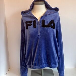 FILA Super Soft Blue Velour 3/4 zip front Hoodie Sweatshirt Women’s Small